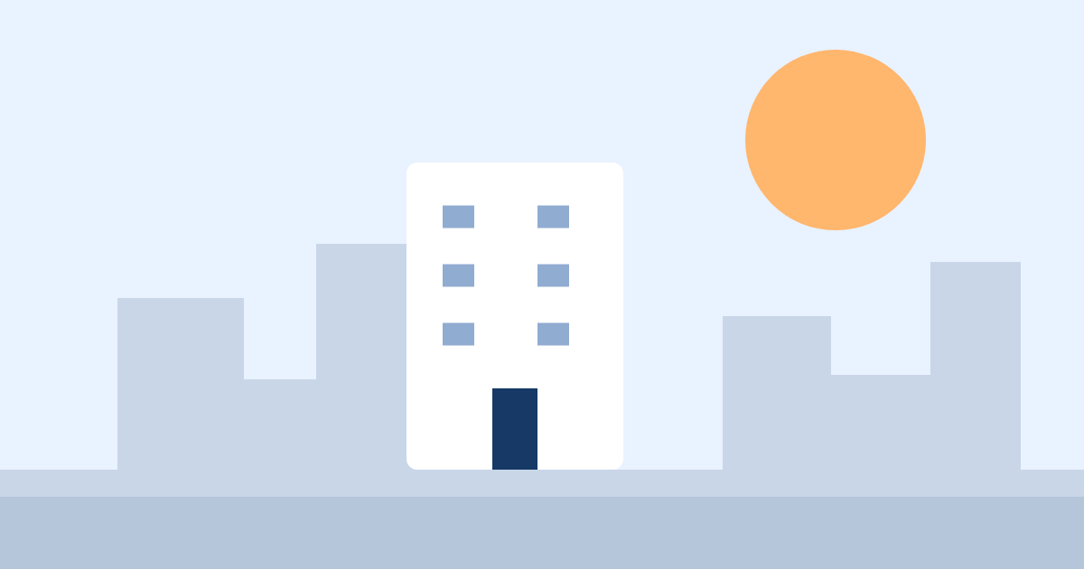 Illustration of a hotel and a city skyline at sunset